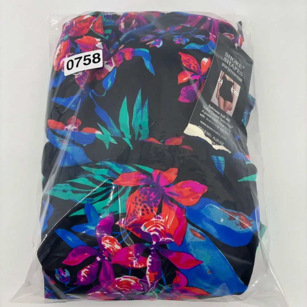 Shore Shapes Swimdress Women 16 Black Floral‎ New Asymmetrical Side Cinch sides